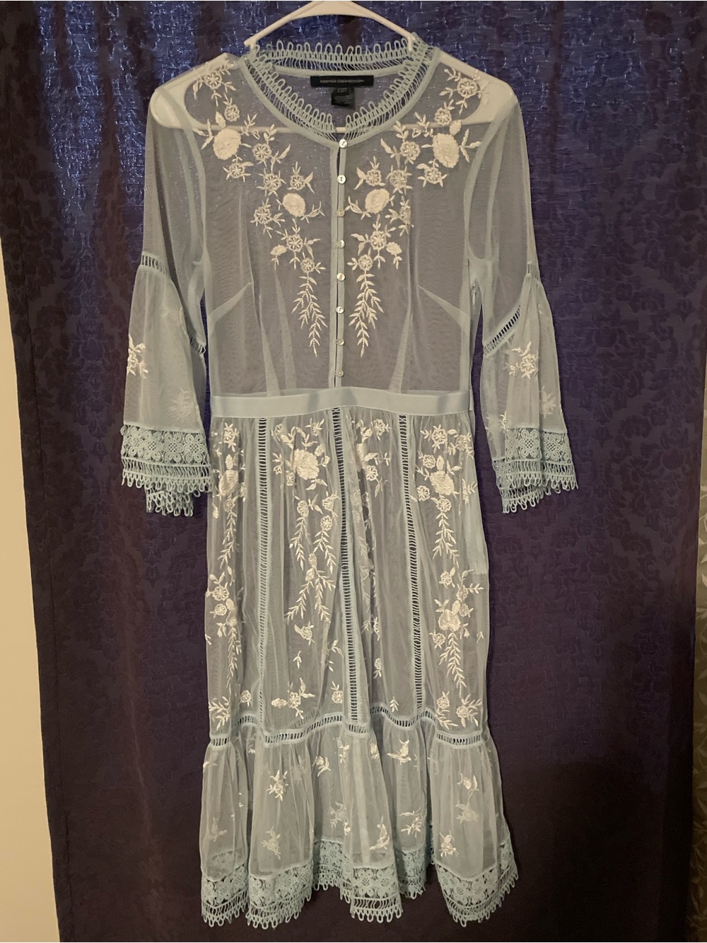 French Connection Arabelle Pale Blue Sheer Embroidered Midi Dress - NO SLIP